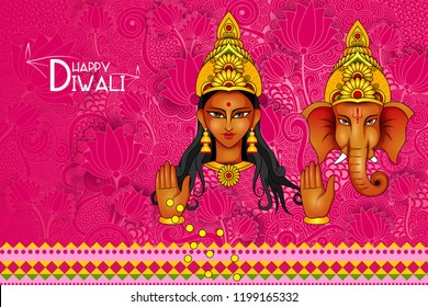 easy to edit vector illustration of Lakshmi and Ganesha for Happy Diwali in Indian art style background