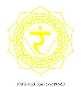 easy to edit vector illustration Line drawing.The third chakra of Manipur. Solar Plexus Chakra with Hindu Sanskrit. Yellow is a flat symbol of meditation, yoga.