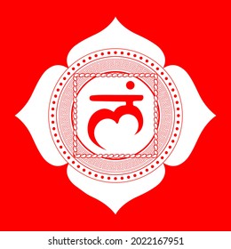 easy to edit vector illustration Line drawing.The first chakra of Muladhara. Root chakra with Hindu Sanskrit. Red is a flat symbol of meditation, yoga. Vector