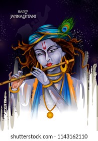 easy to edit vector illustration of Lord Krishna playing flute on Happy Janmashtami holiday Indian festival greeting background