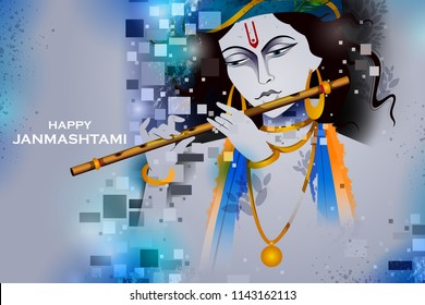 fácil de editar ilustración vectorial de Lord Krishna tocando flauta en Feliz fiesta de Janmashtami fondo del saludo del festival indio