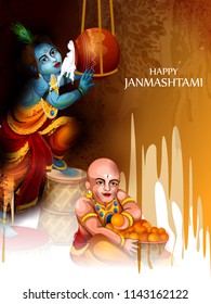 easy to edit vector illustration of Lord Krishna eating makhan cream on Happy Janmashtami holiday Indian festival greeting background