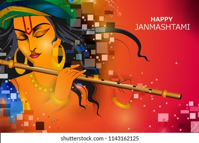 easy to edit vector illustration of Lord Krishna playing flute on Happy Janmashtami holiday Indian festival greeting background