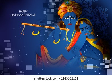 fácil de editar ilustración vectorial de Lord Krishna y Radha jugando flauta en los antecedentes del festival indio Feliz Janmashtami