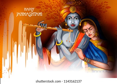 easy to edit vector illustration of Lord Krishna and Radha playing flute on Happy Janmashtami holiday Indian festival background