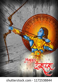 easy to edit vector illustration of Lord Rama with Hindi massage meaning Happy Dussehra background showing festival of India