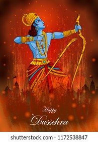 easy to edit vector illustration of Lord Rama in Happy Dussehra background showing festival of India