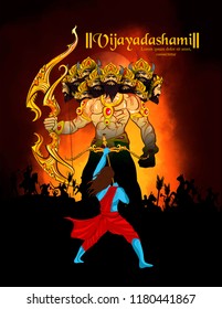 easy to edit vector illustration Lord Rama killing Ravana in Navratri festival of India poster for Happy Dussehra