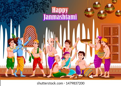 easy to edit vector illustration of Lord Krishna with friends eating makhan cream on Happy Janmashtami holiday Indian festival greeting background