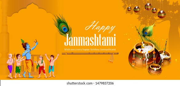 easy to edit vector illustration of Lord Krishna with friends eating makhan cream on Happy Janmashtami holiday Indian festival greeting background