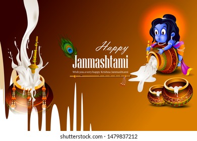 easy to edit vector illustration of Lord Krishna eating makhan cream on Happy Janmashtami holiday Indian festival greeting background