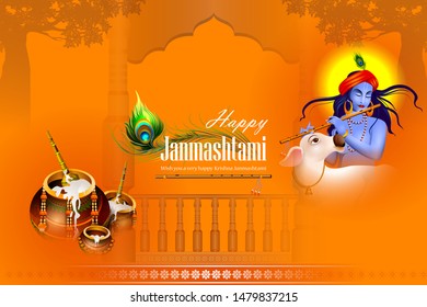 easy to edit vector illustration of Lord Krishna playing flute on Happy Janmashtami holiday Indian festival greeting background