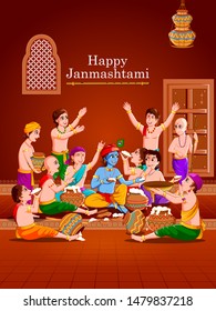 Easy To Edit Vector Illustration Of Lord Krishna With Friends Eating Makhan Cream On Happy Janmashtami Holiday Indian Festival Greeting Background