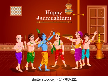 easy to edit vector illustration of Lord Krishna with friends eating makhan cream on Happy Janmashtami holiday Indian festival greeting background