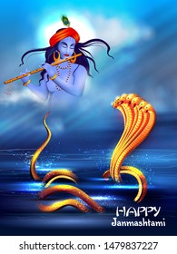 easy to edit vector illustration of Lord Krishna playing flute on Happy Janmashtami holiday Indian festival greeting background