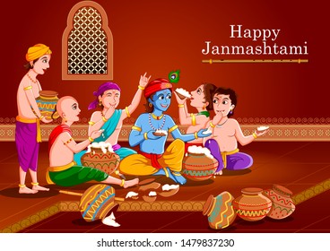 easy to edit vector illustration of Lord Krishna with friends eating makhan cream on Happy Janmashtami holiday Indian festival greeting background