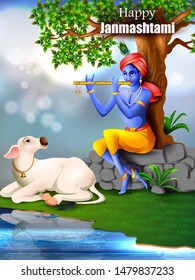 easy to edit vector illustration of Lord Krishna playing flute on Happy Janmashtami holiday Indian festival greeting background