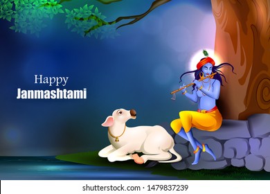 easy to edit vector illustration of Lord Krishna playing flute on Happy Janmashtami holiday Indian festival greeting background