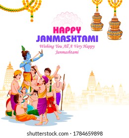 easy to edit vector illustration of Lord Krishna eating makhan cream on Happy Janmashtami holiday Indian festival greeting background