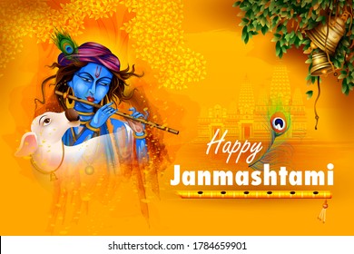 easy to edit vector illustration of Lord Krishna playing flute on Happy Janmashtami holiday Indian festival greeting background