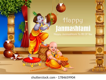 easy to edit vector illustration of Lord Krishna eating makhan cream on Happy Janmashtami holiday Indian festival greeting background