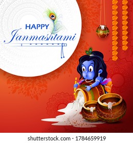 easy to edit vector illustration of Lord Krishna eating makhan cream on Happy Janmashtami holiday Indian festival greeting background