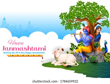 easy to edit vector illustration of Lord Krishna playing flute on Happy Janmashtami holiday Indian festival greeting background