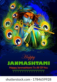 fácil de editar ilustración vectorial de Lord Krishna tocando flauta en feliz fiesta de Janmashtami fondo de saludo del festival indio