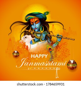 easy to edit vector illustration of Lord Krishna playing flute on Happy Janmashtami holiday Indian festival greeting background