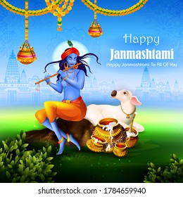 fácil de editar ilustración vectorial de Lord Krishna tocando flauta en feliz fiesta de Janmashtami fondo de saludo del festival indio
