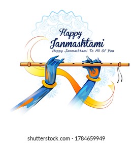 easy to edit vector illustration of Lord Krishna playing flute on Happy Janmashtami holiday Indian festival greeting background