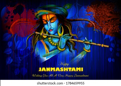 easy to edit vector illustration of Lord Krishna playing flute on Happy Janmashtami holiday Indian festival greeting background