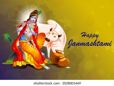 easy to edit vector illustration of Lord Krishna eating makhan cream on Happy Janmashtami holiday Indian festival greeting background