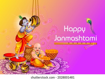 easy to edit vector illustration of Lord Krishna eating makhan cream on Happy Janmashtami holiday Indian festival greeting background