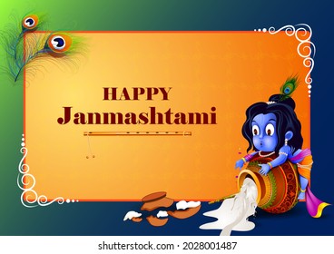 easy to edit vector illustration of Lord Krishna eating makhan cream on Happy Janmashtami holiday Indian festival greeting background