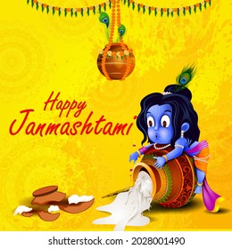 easy to edit vector illustration of Lord Krishna eating makhan cream on Happy Janmashtami holiday Indian festival greeting background