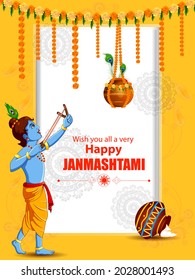 easy to edit vector illustration of Lord Krishna eating makhan cream on Happy Janmashtami holiday Indian festival greeting background