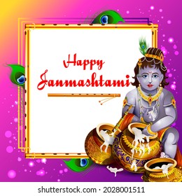 easy to edit vector illustration of Lord Krishna eating makhan cream on Happy Janmashtami holiday Indian festival greeting background