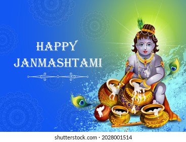 easy to edit vector illustration of Lord Krishna eating makhan cream on Happy Janmashtami holiday Indian festival greeting background