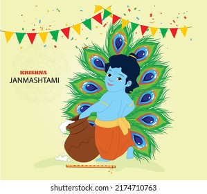 Fácil de editar ilustración vectorial de Lord Krishna con amigos comiendo crema makhan en Feliz feriado de Janmashtami fondo de saludo del festival indio 