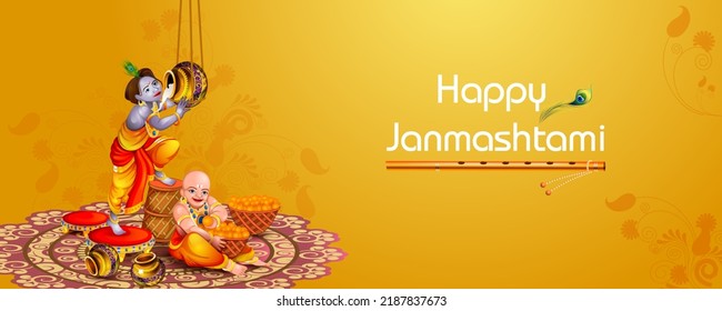 easy to edit vector illustration of Lord Krishna eating makhan cream on Happy Janmashtami holiday Indian festival greeting background