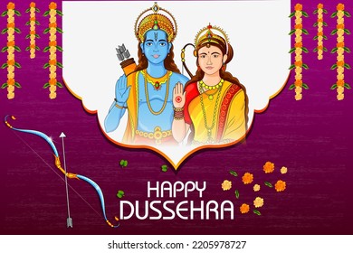 easy to edit vector illustration of Lord Rama and Sita  in Happy Dussehra background showing festival of India