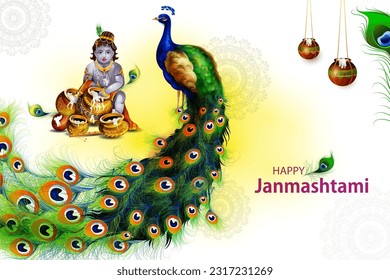 easy to edit vector illustration of Lord Krishna eating makhan cream on Happy Janmashtami holiday Indian festival greeting background