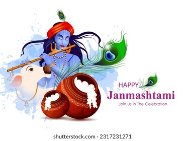 easy to edit vector illustration of Lord Krishna playing flute on Happy Janmashtami holiday Indian festival greeting background