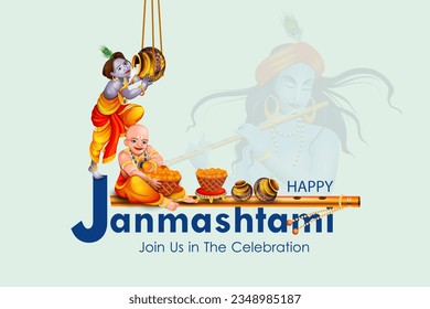 easy to edit vector illustration of Lord Krishna eating makhan cream on Happy Janmashtami holiday Indian festival greeting background