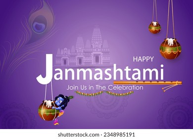 easy to edit vector illustration of Lord Krishna eating makhan cream on Happy Janmashtami holiday Indian festival greeting background