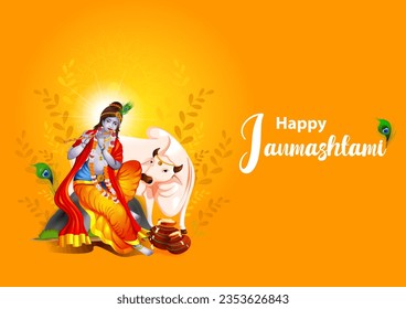 fácil de editar ilustración vectorial de Lord Krishna tocando flauta en feliz fiesta de Janmashtami fondo de saludo del festival indio