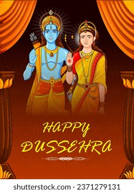 easy to edit vector illustration of Lord Rama and Sita  in Happy Dussehra background showing festival of India