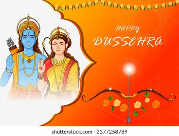 easy to edit vector illustration of Lord Rama and Sita  in Happy Dussehra background showing festival of India