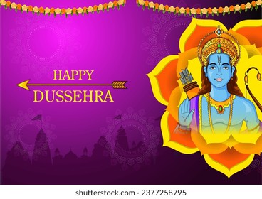 easy to edit vector illustration of Lord Rama in Happy Dussehra background showing festival of India